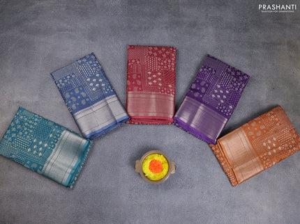 Semi dola pack of 5 multi colour with allover prints and zari woven border