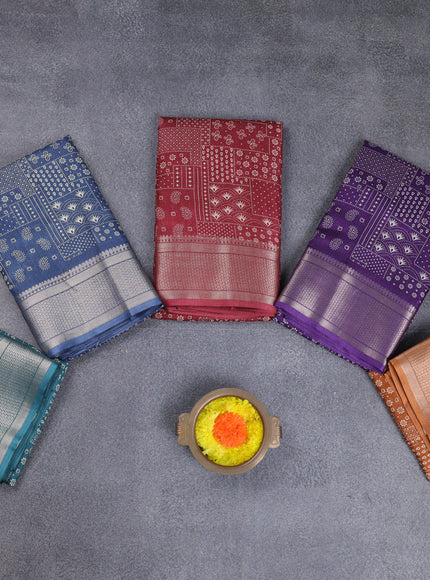 Semi dola pack of 5 multi colour with allover prints and zari woven border