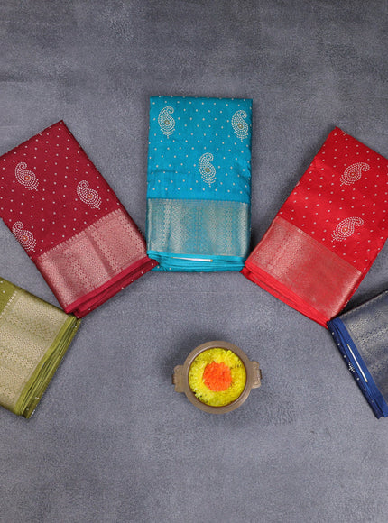 Semi dola pack of 5 multi colour with allover bandhani butta prints and zari woven border