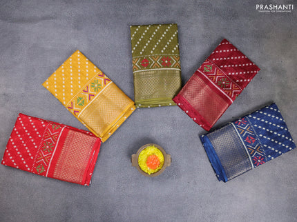 Semi dola pack of 5 multi colour with allover prints and zari woven border