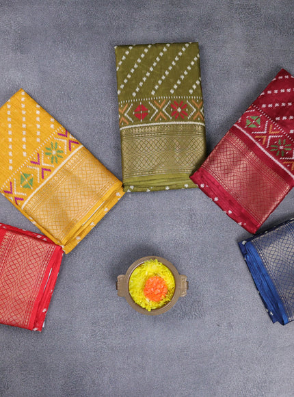 Semi dola pack of 5 multi colour with allover prints and zari woven border