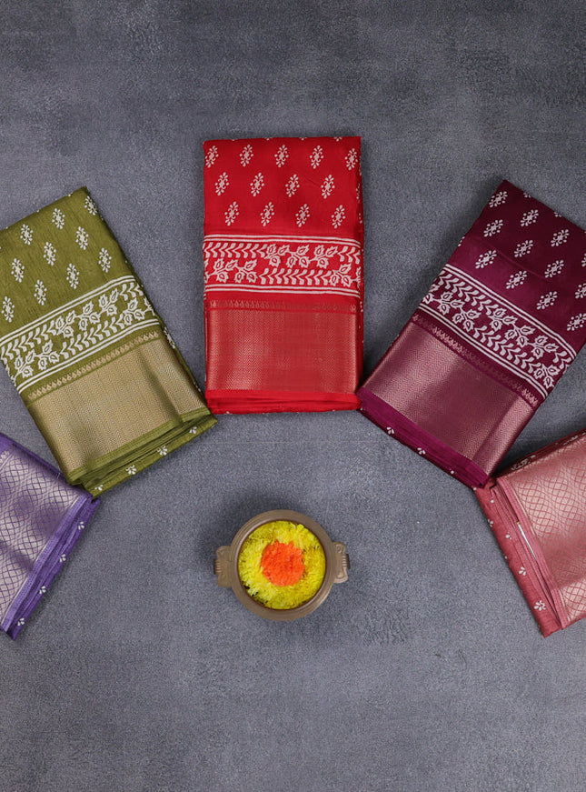 Semi dola pack of 5 multi colour with allover butta prints and zari woven border