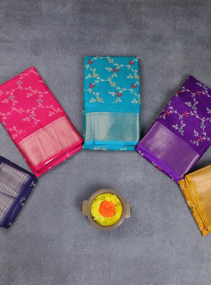 Semi dola pack of 5 multi colour with allover floral prints and zari woven border
