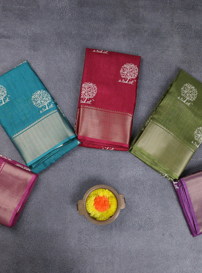 Semi dola pack of 5 multi colour with allover butta prints and zari woven border