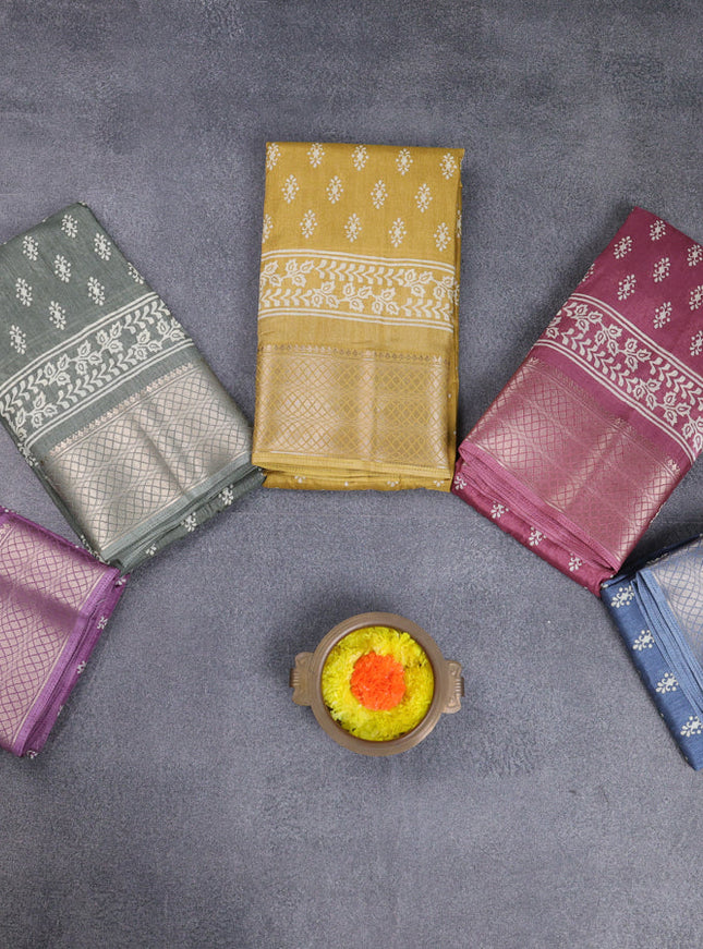 Semi dola pack of 5 multi colour with allover butta prints and zari woven border
