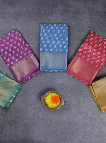 Semi dola pack of 5 multi colour with allover butta prints and zari woven border
