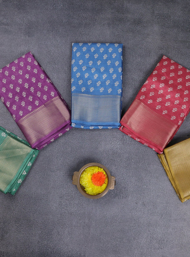 Semi dola pack of 5 multi colour with allover butta prints and zari woven border