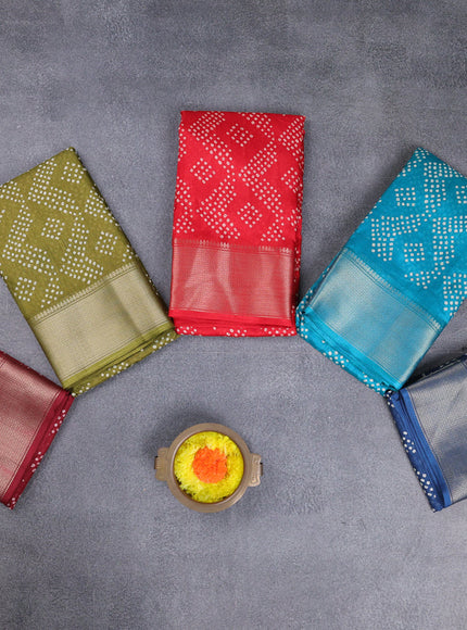 Semi dola pack of 5 multi colour with allover bandhani prints and zari woven border