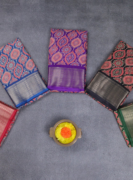 Semi dola pack of 5 multi colour with allover ajrakh prints and zari woven border