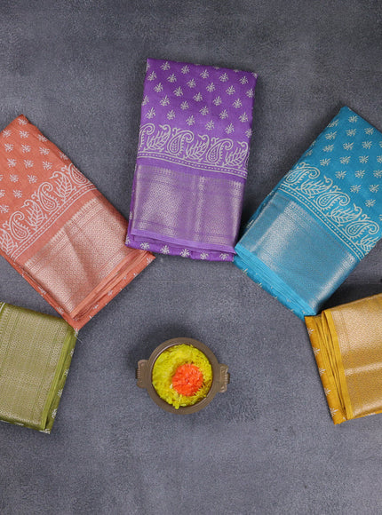 Semi dola pack of 5 multi colour with allover butta prints and zari woven border