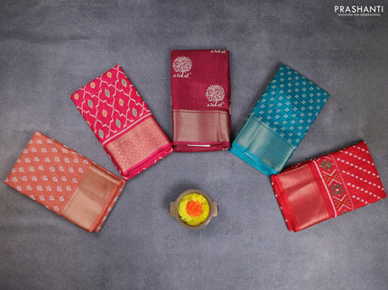 Semi dola pack of 5 multi colour and multi design with allover prints and zari woven border