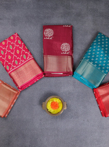 Semi dola pack of 5 multi colour and multi design with allover prints and zari woven border