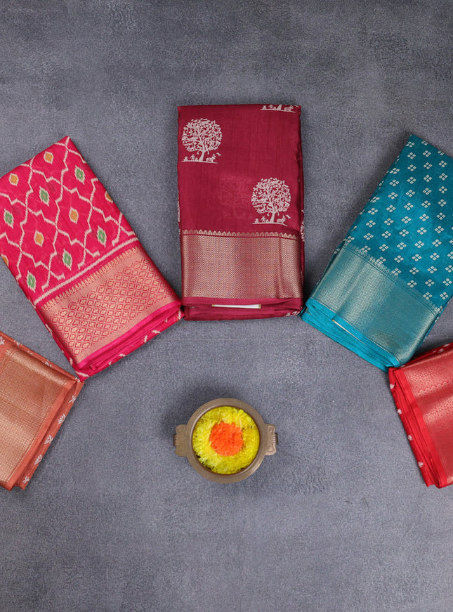 Semi dola pack of 5 multi colour and multi design with allover prints and zari woven border