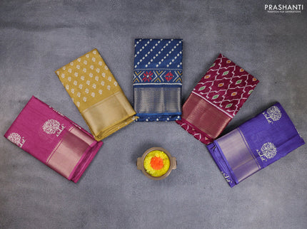 Semi dola pack of 5 multi colour and multi design with allover prints and zari woven border