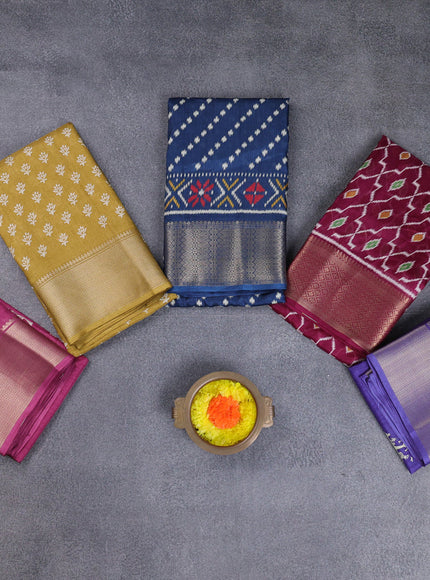 Semi dola pack of 5 multi colour and multi design with allover prints and zari woven border