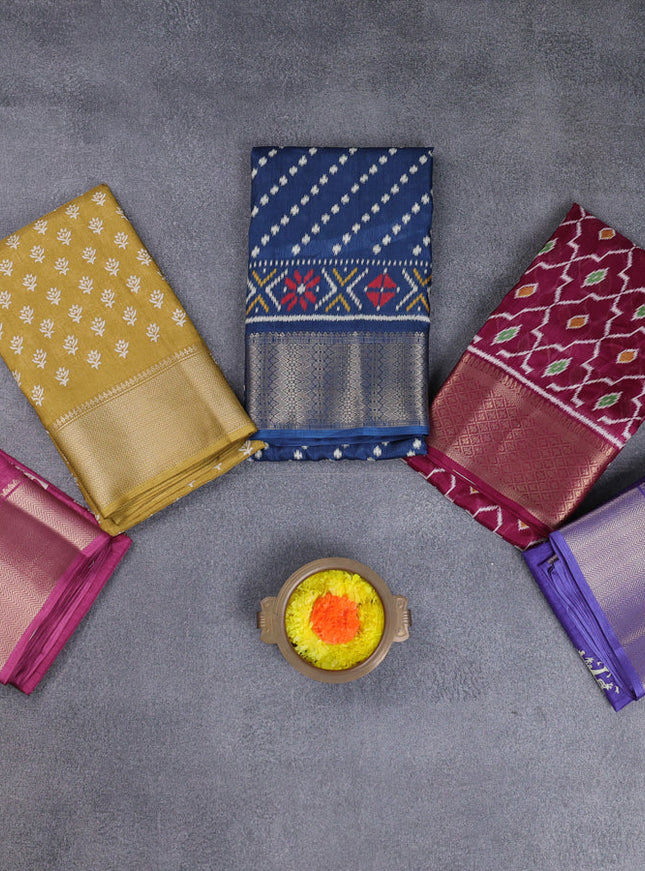 Semi dola pack of 5 multi colour and multi design with allover prints and zari woven border