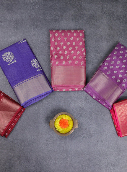 Semi dola pack of 5 multi colour and multi design with allover prints and zari woven border