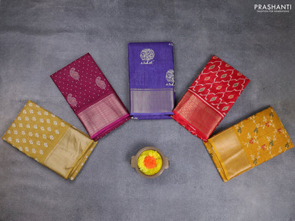 Semi dola pack of 5 multi colour and multi design with allover prints and zari woven border