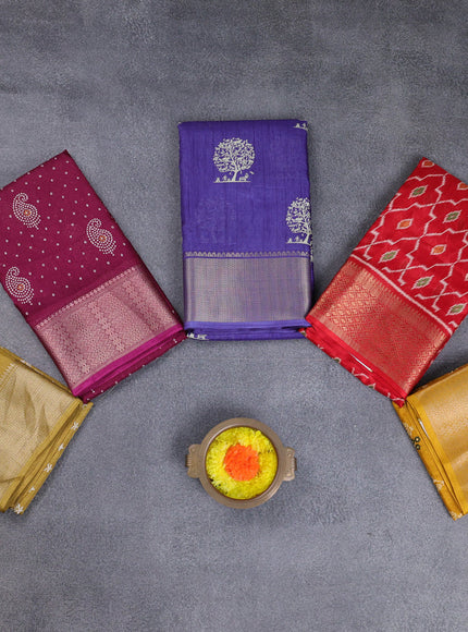 Semi dola pack of 5 multi colour and multi design with allover prints and zari woven border