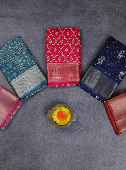 Semi dola pack of 5 multi colour and multi design with allover prints and zari woven border