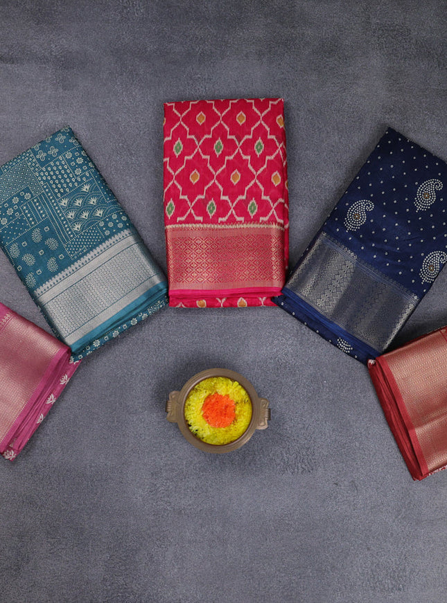 Semi dola pack of 5 multi colour and multi design with allover prints and zari woven border