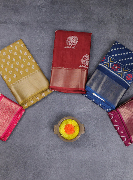 Semi dola pack of 5 multi colour and multi design with allover prints and zari woven border