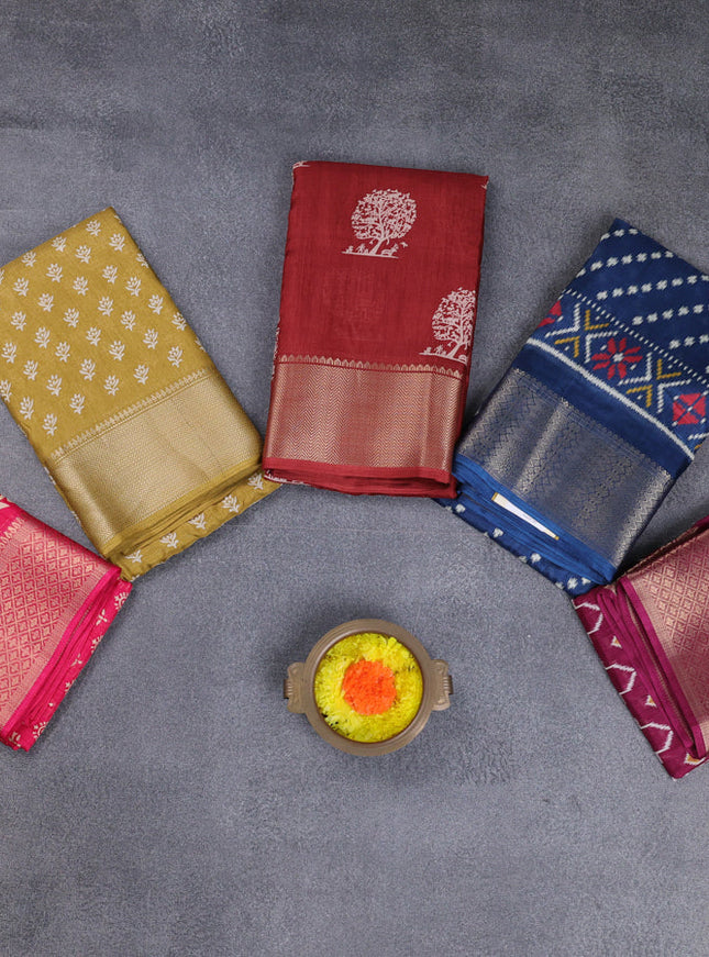 Semi dola pack of 5 multi colour and multi design with allover prints and zari woven border