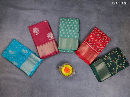 Semi dola pack of 5 multi colour and multi design with allover prints and zari woven border