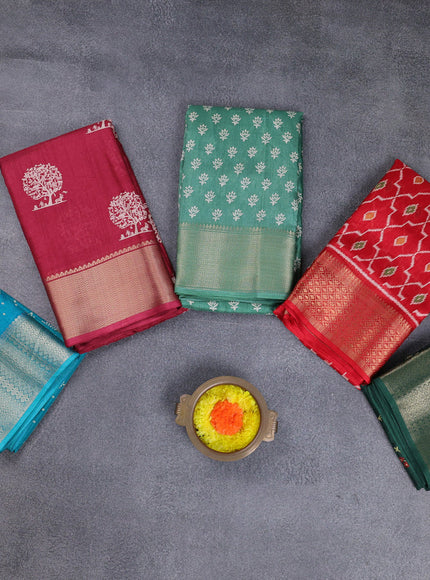 Semi dola pack of 5 multi colour and multi design with allover prints and zari woven border
