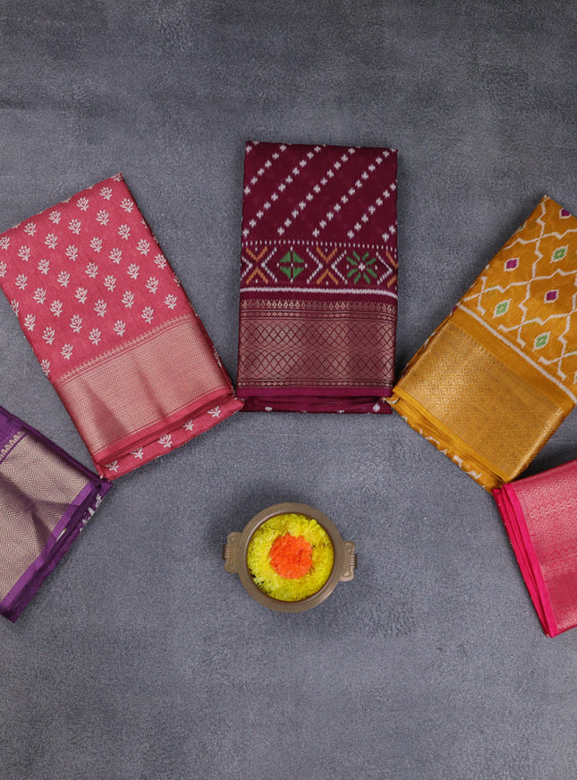 Semi dola pack of 5 multi colour and multi design with allover prints and zari woven border