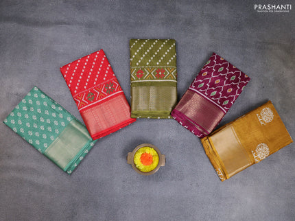 Semi dola pack of 5 multi colour and multi design with allover prints and zari woven border