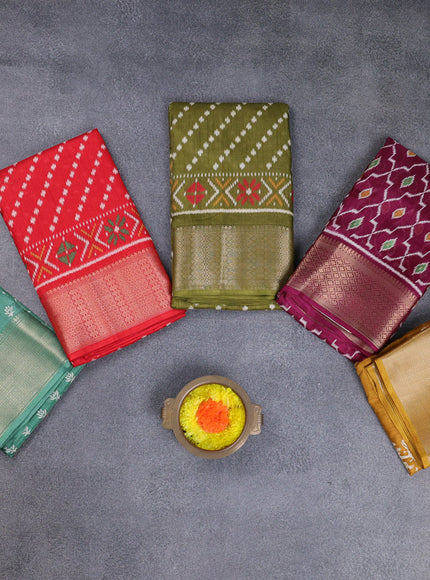 Semi dola pack of 5 multi colour and multi design with allover prints and zari woven border