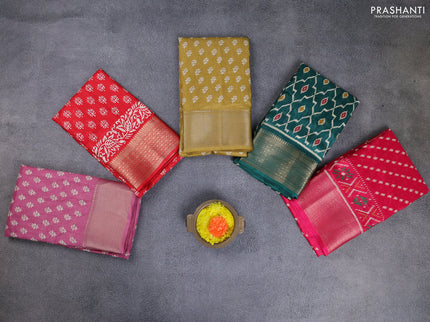 Semi dola pack of 5 multi colour and multi design with allover prints and zari woven border