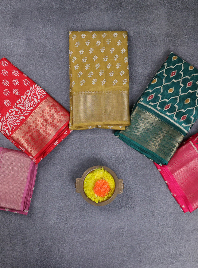 Semi dola pack of 5 multi colour and multi design with allover prints and zari woven border