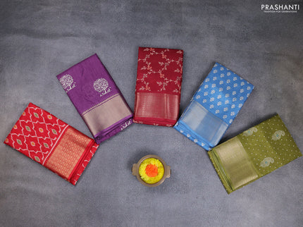 Semi dola pack of 5 multi colour and multi design with allover prints and zari woven border