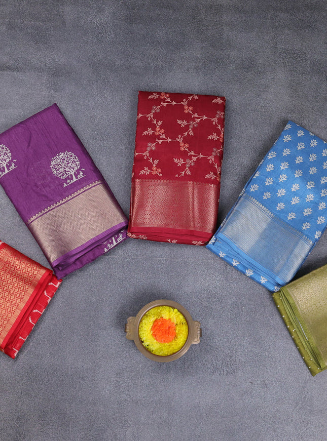 Semi dola pack of 5 multi colour and multi design with allover prints and zari woven border