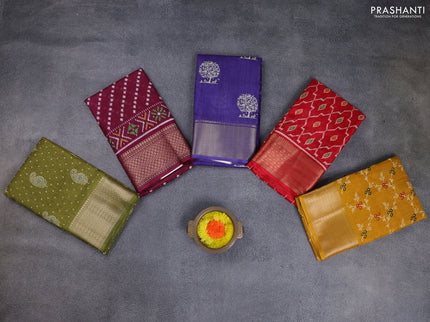 Semi dola pack of 5 multi colour and multi design with allover prints and zari woven border