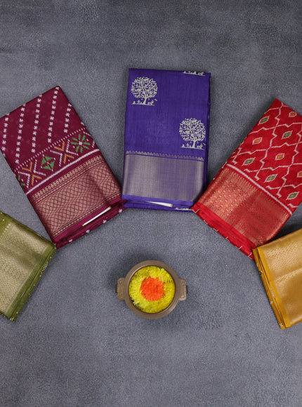 Semi dola pack of 5 multi colour and multi design with allover prints and zari woven border