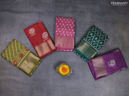 Semi dola pack of 5 multi colour and multi design with allover prints and zari woven border