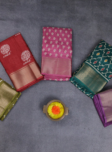 Semi dola pack of 5 multi colour and multi design with allover prints and zari woven border