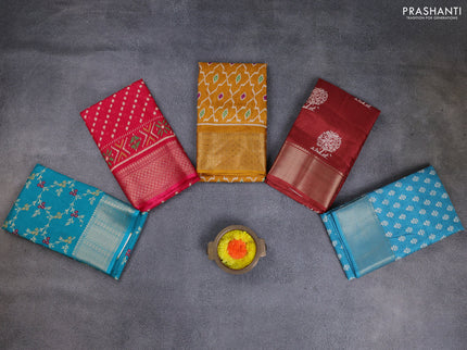 Semi dola pack of 5 multi colour and multi design with allover prints and zari woven border