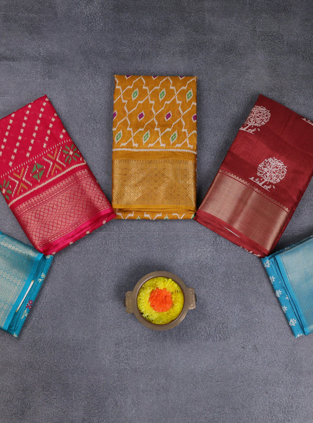 Semi dola pack of 5 multi colour and multi design with allover prints and zari woven border