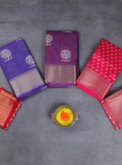 Semi dola pack of 5 multi colour and multi design with allover prints and zari woven border