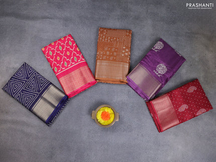 Semi dola pack of 5 multi colour and multi design with allover prints and zari woven border