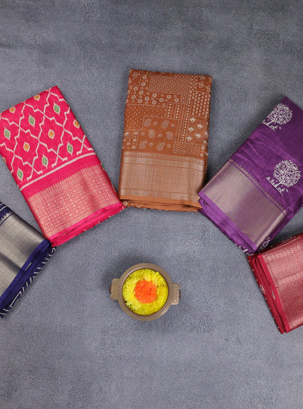 Semi dola pack of 5 multi colour and multi design with allover prints and zari woven border