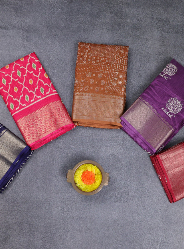 Semi dola pack of 5 multi colour and multi design with allover prints and zari woven border
