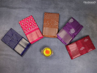 Semi dola pack of 5 multi colour and multi design with allover prints and zari woven border