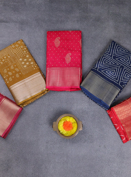 Semi dola pack of 5 multi colour and multi design with allover prints and zari woven border