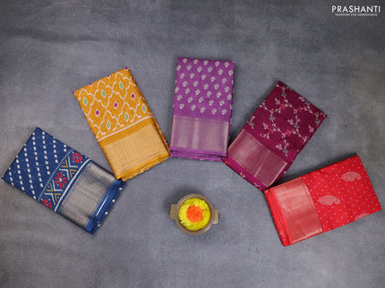 Semi dola pack of 5 multi colour and multi design with allover prints and zari woven border