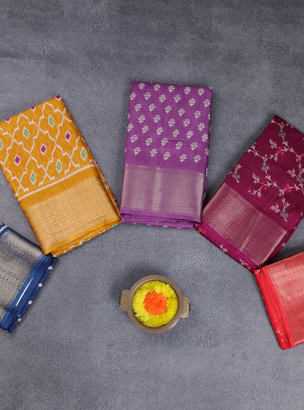 Semi dola pack of 5 multi colour and multi design with allover prints and zari woven border